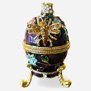 Faberge Style Egg Bejeweled Bee and Flower Hinged Trinket Box